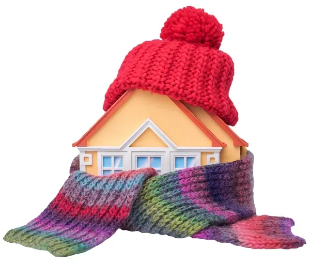 Home Heating House with a scarf and hat to illustrate home heating.