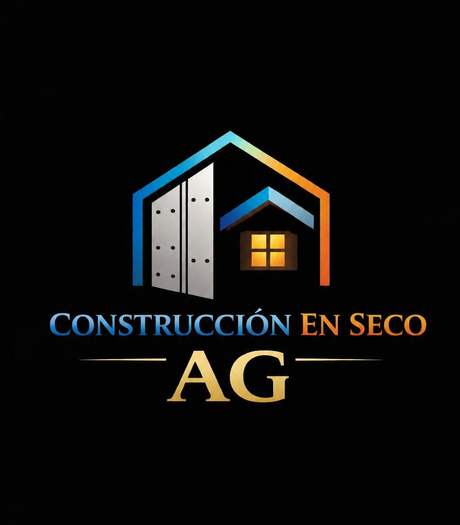 Logo de Construcción en Seco AG con casa azul y naranja y texto dorado sobre fondo negro