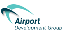 Logo for Airport Development Group, featuring an abstract teal and dark blue curved icon above the company name.