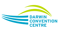 Logo for the Darwin Convention Centre featuring a green arch over three blue horizontal wave-like lines.
