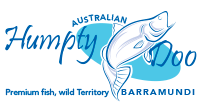 Logo for Humpty Doo Barramundi featuring a line-art illustration of a fish on a blue oval background with brand text.