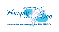 Logo for Humpty Doo Barramundi featuring a line-drawing of a jumping fish on a blue oval background with blue text.