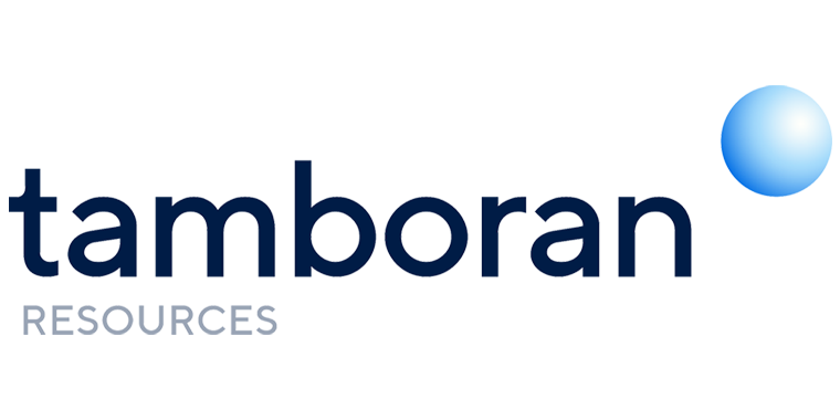 Logo for Tamboran Resources, an exploration and production company operating in the Northern Territory’s Beetaloo Basin, featuring blue text and a light blue, circular shape.
