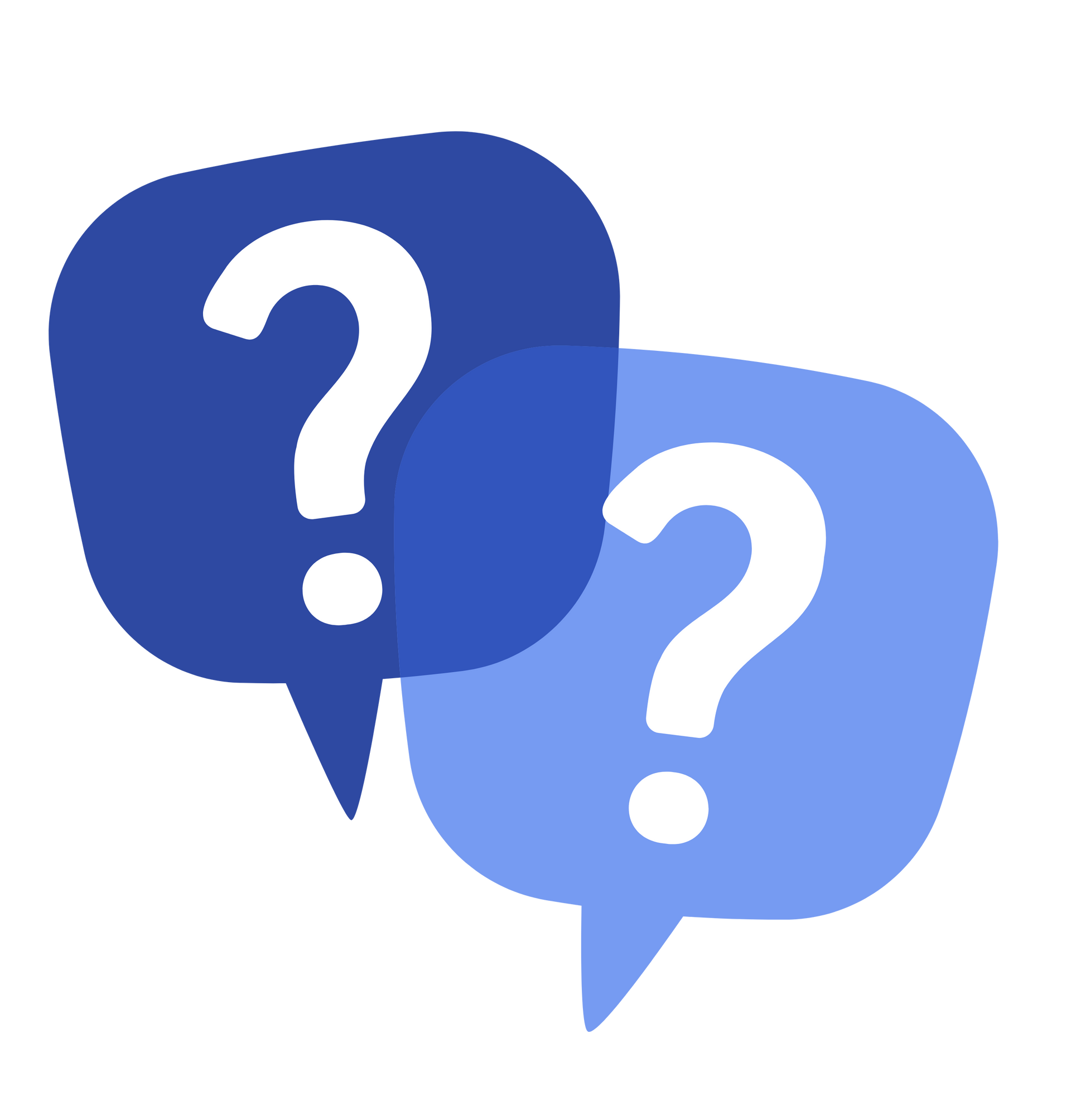 Two overlapping blue speech bubbles with white question marks