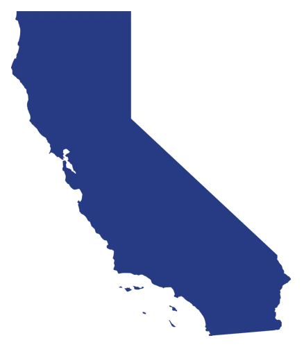 Blue silhouette map of California on a white background