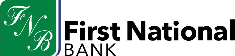 Logo of First National Bank with a green square containing the letters