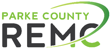 Parake County REMC logo with green text, a gray REMC, and a green curved graphic.