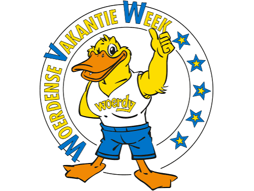 Cartoon eend mascotte met opgestoken vinger in een cirkel met de tekst 