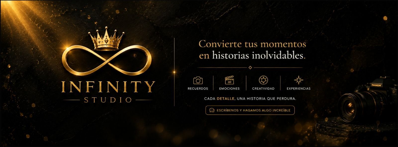 Logotipo dorado de “Infinity Studio” sobre fondo negro con texto promocional en francés e iconos de servicio.