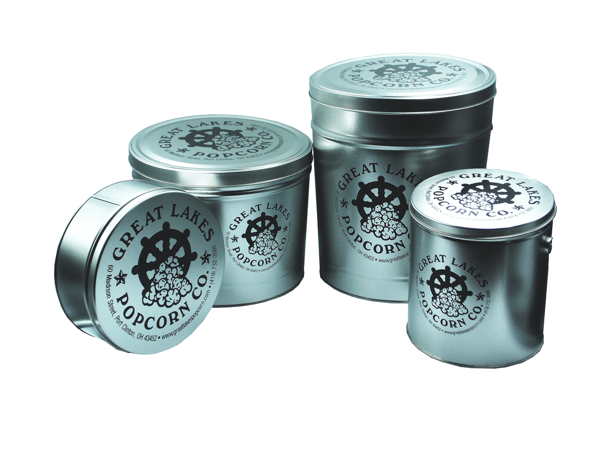 Five sizes of logo tins from Great Lakes Popcorn Co.