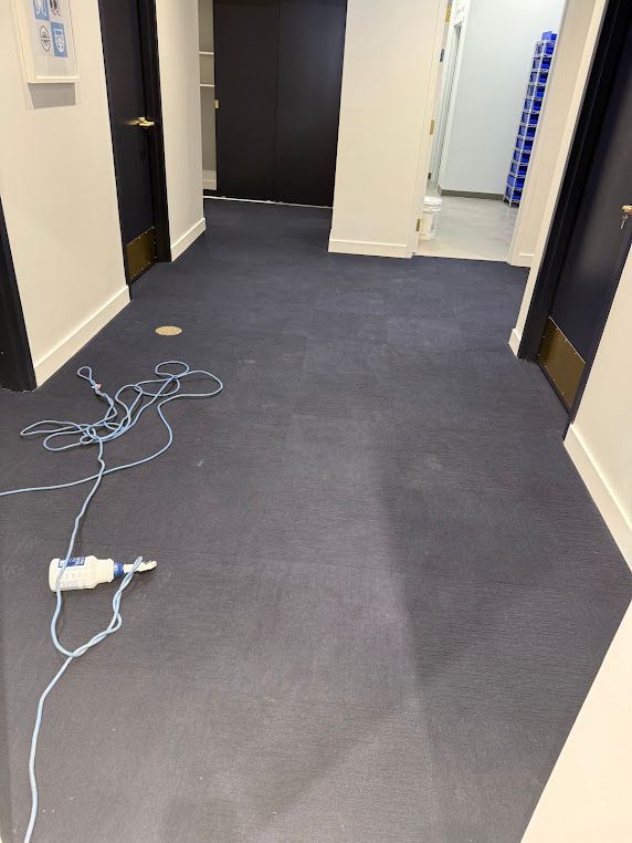 Dim hallway with dark carpet, white walls, and a tangled charging cable on the floor.