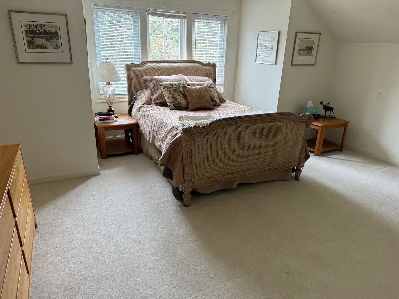 Bright bedroom with a wooden bed, white carpet, and windows with blinds on the back wall.