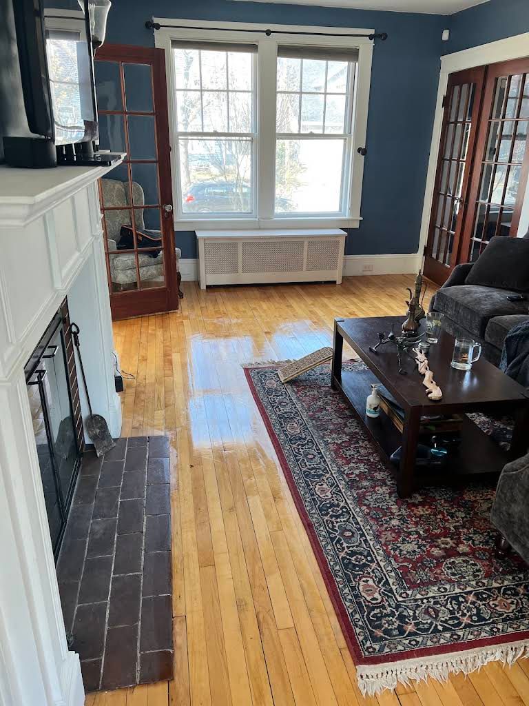 Living room with blue walls, fireplace, window seat, hardwood floor, and patterned rug