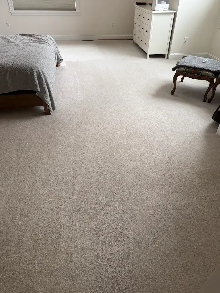 Bright beige carpet in a bedroom with a bed, white dresser, and small bench.