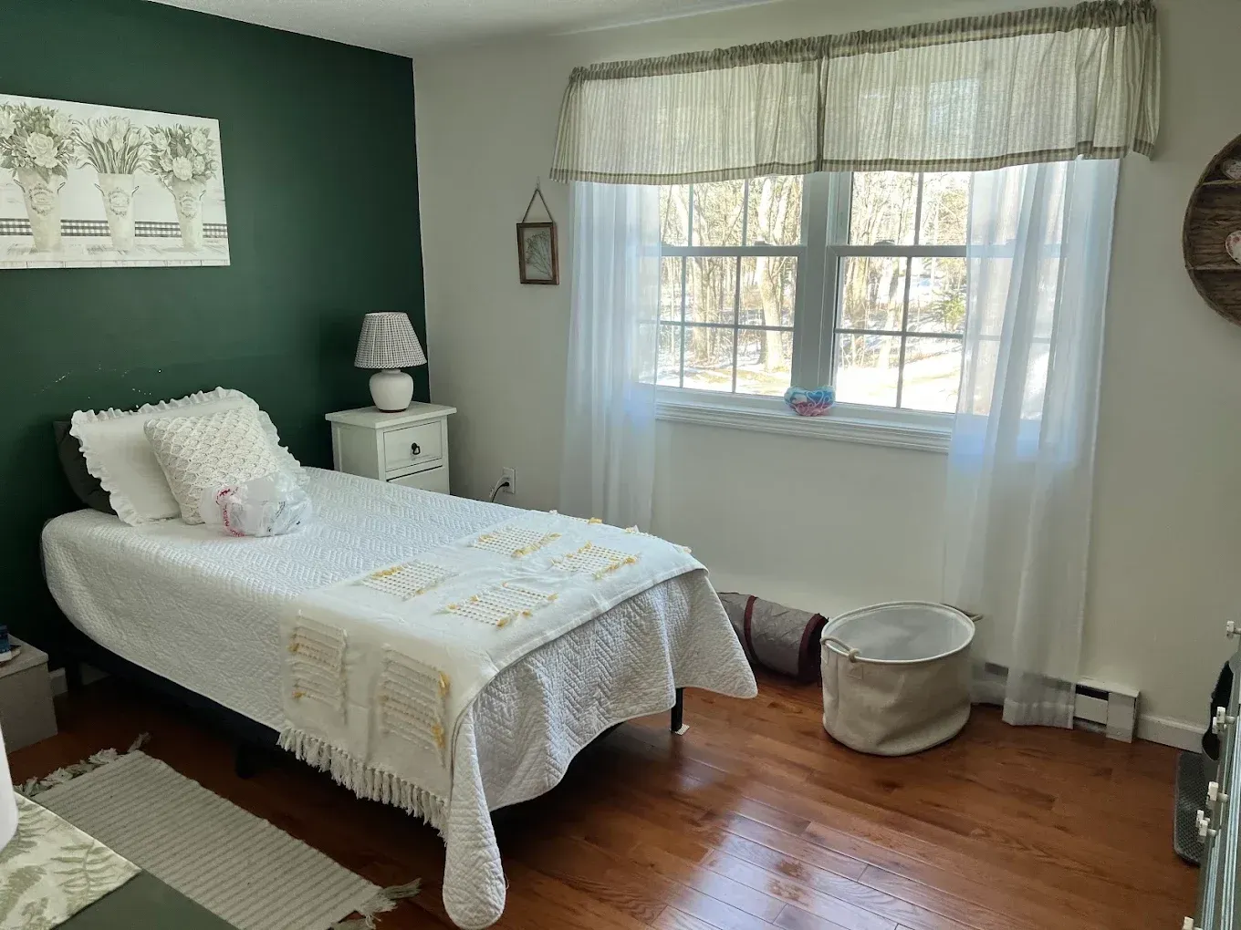 Bright bedroom with a single bed, green accent wall, and sunlit window with sheer curtains.