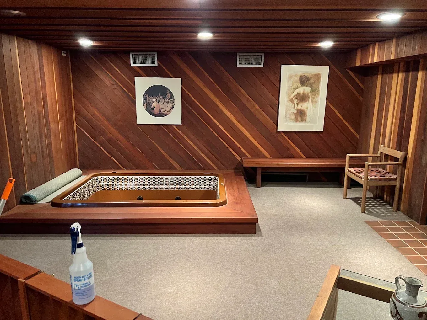 Basement wellness room with wooden walls, mats, bench, chair, and a spray bottle in the foreground.