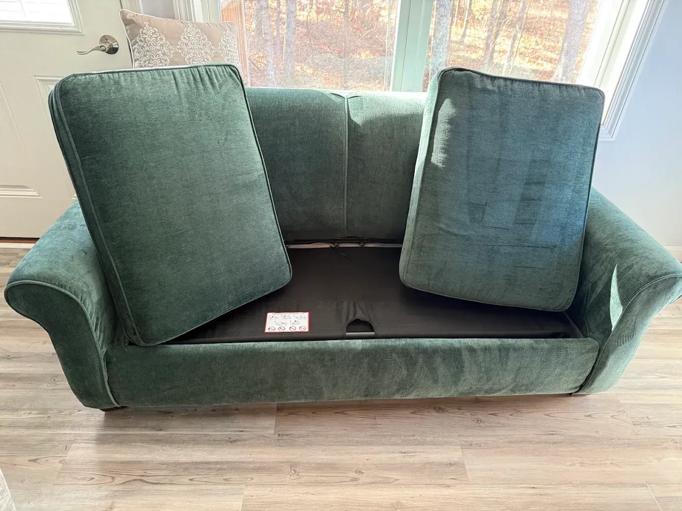 Green sofa with two matching back cushions on a wood floor near a bright window