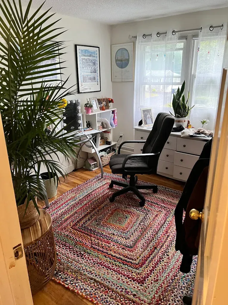Bright home office with black chair, white desk, colorful woven rug, and tall plant by a sunny window