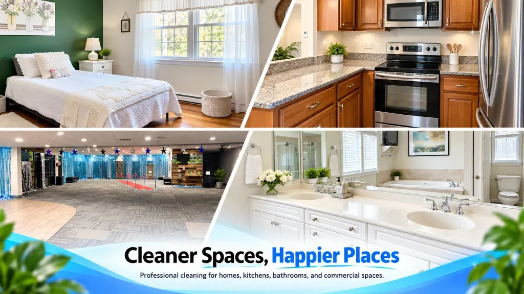 Collage of clean bedroom, kitchen, and lobby with “Cleaner Spaces. Happier Places.” banner