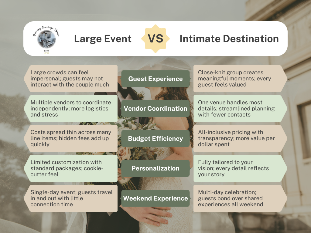 Infographic comparing large events and intimate destinations with benefits and trade-offs in two columns