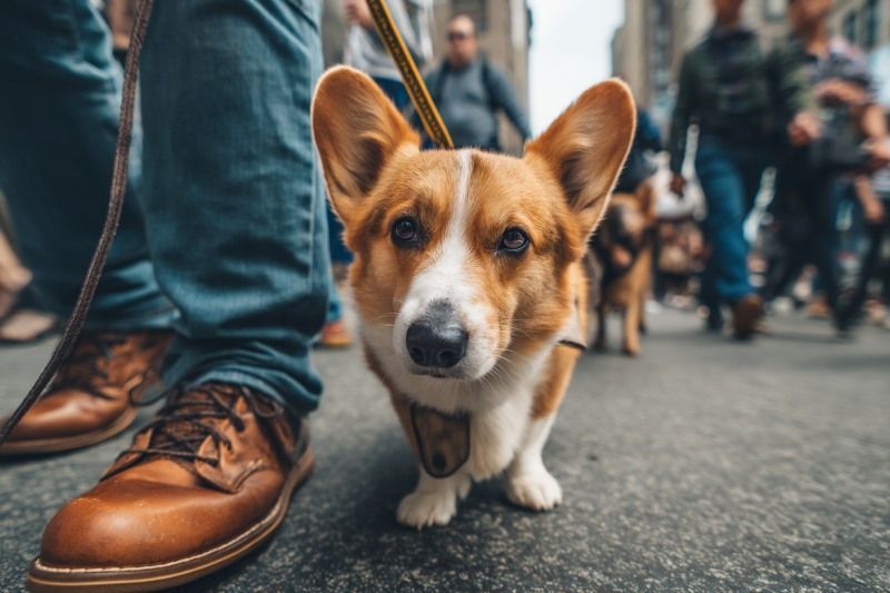 Corgi walking in the city for Albuquerque, NM pet cremation with owner and busy street background