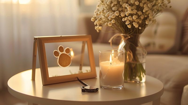 Pet memorial display for Albuquerque, NM pet cremation keepsakes with paw print frame and candle