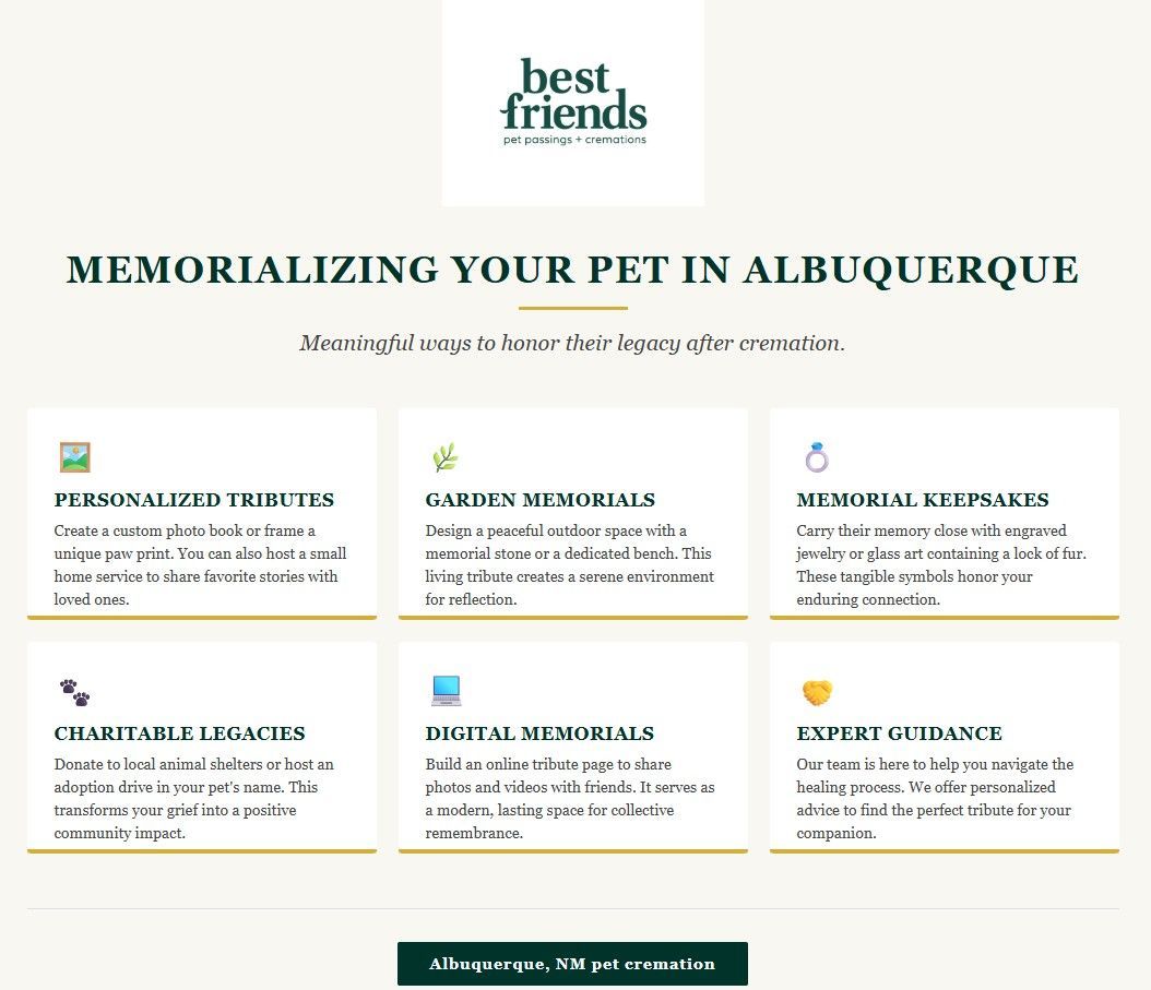 Infographic for Albuquerque, NM pet cremation showing meaningful ways to memorialize your pet