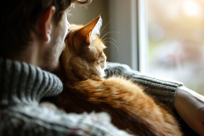 Person holding orange cat by window for Albuquerque, NM pet cremation in a quiet home setting
