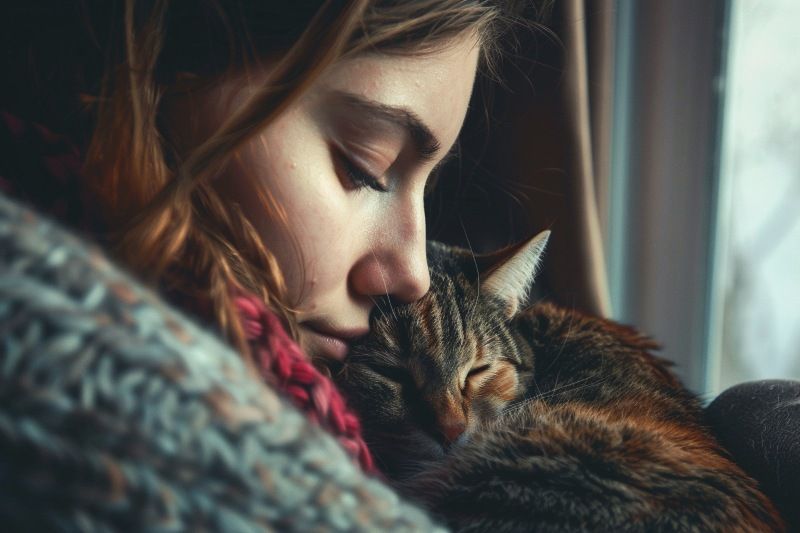 Woman holding tabby cat by window for Bernalillo, NM pet cremation in a quiet home setting
