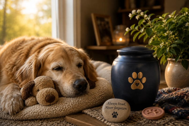 Dog resting beside a memorial urn for pet cremation in Bernalillo, NM.