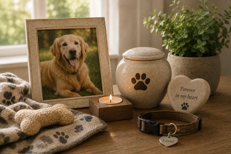 Dog memorial with urn, framed photo, candle, and collar in Rio Rancho, NM.