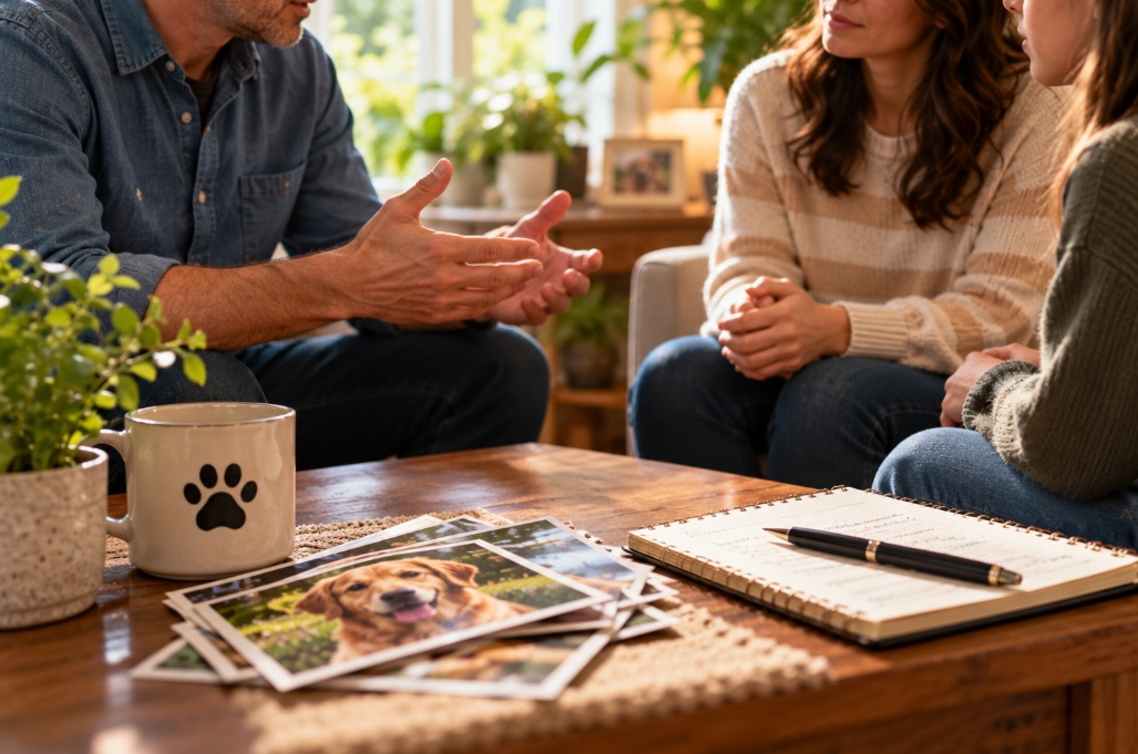 Family discussing pet final care with photos in Bernalillo, NM.