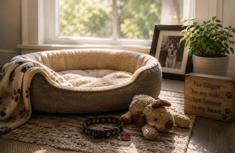 Pet memorial with empty bed, collar, photo, and keepsake in Albuquerque, NM.