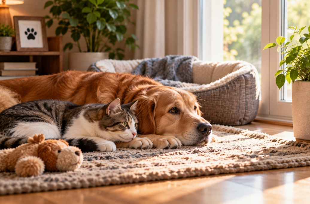 Dog and cat resting together after companion loss in Rio Rancho, NM.