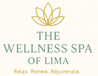 Logo for The Wellness Spa of Lima, with a gold lotus flower and text: