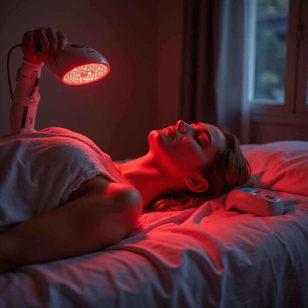 Person lying in bed under red light therapy, holding a glowing lamp near their face