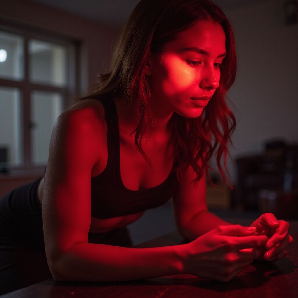 Woman leaning on a table in red light, looking at a phone in a dim room.