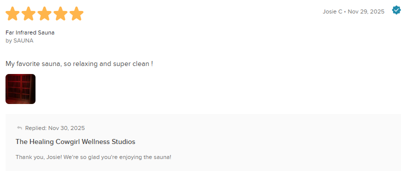 Screenshot of a 5-star review with a small red product image and reply text below