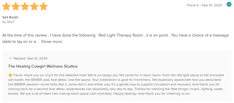 5-star online review screenshot praising “The Healthy Cooking” with a short positive testimonial