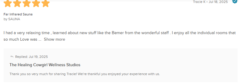 5-star review snippet with handwritten-style text on a white page interface