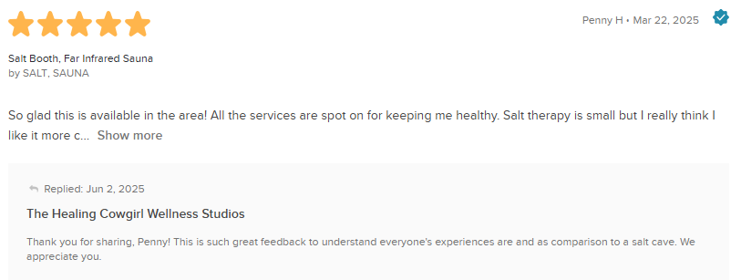 5-star review with text praising service and a website redesign testimonial snippet
