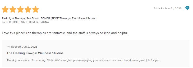 Five-star review for Pulse University wellness studio, praising the staff and vibrant atmosphere.