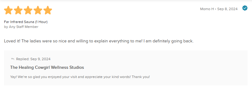 5-star Google review praising The Healing Center Medispa in a white review card screenshot