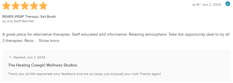Five-star online review praising the Healing Cough Wellness Studio, with a brief positive comment.