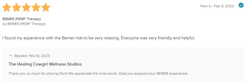 Yelp review page showing a 5-star rating and a glowing customer comment in a white interface