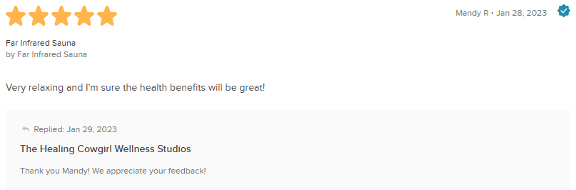 Five-star customer review praising service, with short thank-you message on a white webpage.