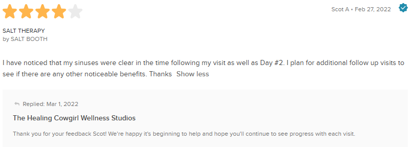 Webpage showing a 4-star review for The Healing Cowgirl Mind Studio from a customer named Monica