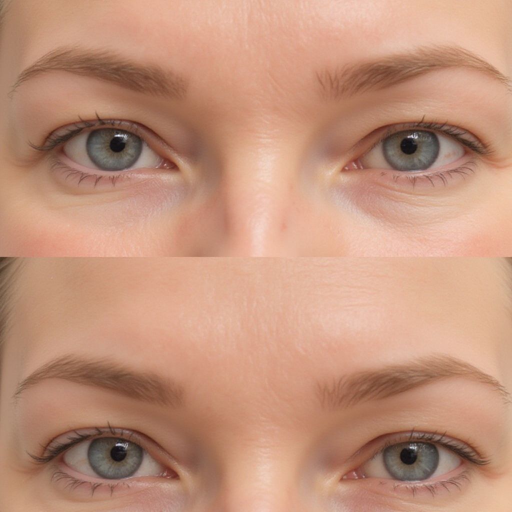 Close-up of two pairs of blue-gray eyes, one above the other, on a light skin background