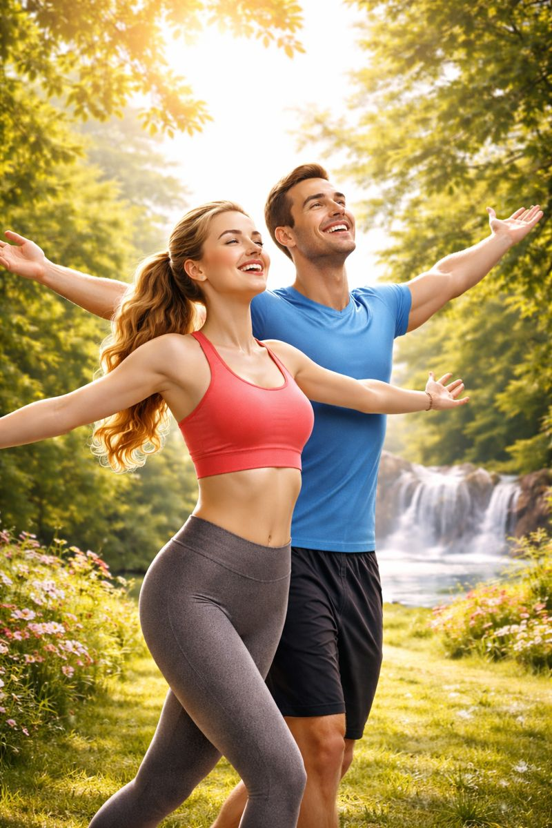 Two people stretching outdoors near a waterfall in a sunny forest clearing