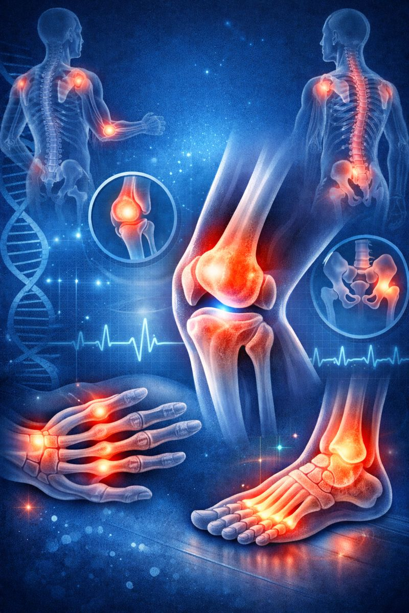 Medical illustration of a human skeleton with glowing joints, highlighting arthritis pain in knee, hands, feet, and spine